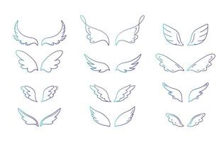 Collection of hand drawn wings in different shapes. Doodle wings collection. illustration vector