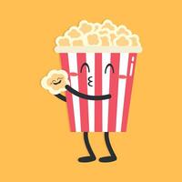 Cute cartoon popcorn character on yellow background. Popcorn kissing a baby. Flat style. illustration vector