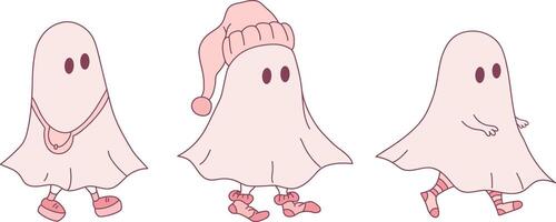 Three little ghosts in different clothes. Hand drawn cute ghosts isolated on white background. Halloween illustration vector