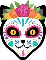 Cat face with a colorful makeup of sugar skull and floral wreath. Day of the Dead celebration. Dia de los Muertos. illustration vector