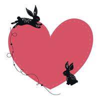 Heart template decorated with black rabbit silhouettes drawn in boho style. Heart shape with blank space. Black rabbits with white ornament and botanical elements. illustration vector