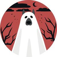Ghost dog on a round scary red background. Dog in a ghost sheet. illustration vector