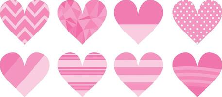 Pink heart icon set with various patterns. Dots, stripes and low poly ornaments. Decoration elements for greeting and love cards isolated on white background. illustration vector