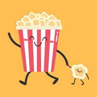 Cute cartoon popcorn character on yellow background. Popcorn walks holding babys hand. Flat style. illustration vector