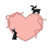 Heart template decorated with black rabbit silhouettes drawn in boho style and ribbons. Heart shape with blank space. Black rabbits with white ornament and botanical elements. illustration vector