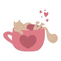 Cute hand drawn cat is lying in a cup. Cat is chilling in a mug with a heart on it. Valentines Day greeting card. illustration vector