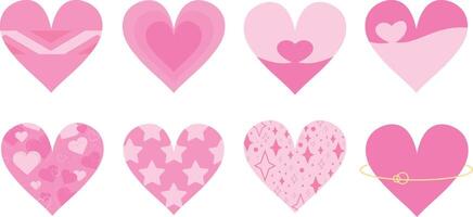 Pink heart icon set with various patterns. Stars, hearts and geometric ornaments. Decoration elements for greeting and love cards isolated on white background. illustration vector