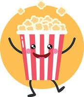Cute cartoon popcorn character on yellow background. Popcorn dancing and juggling. Flat style. illustration vector