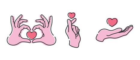 Heart on cupped hands line icons isolated on white background. Set of human hands holding a heart. illustration vector