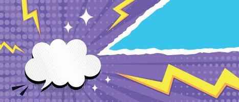 Pop art bright banner with speech bubble and torn paper. Comic background with dots, stripes, stars and lightning symbols. illustration vector