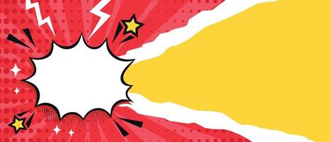 Pop art bright banner with speech bubble cloud and torn paper. Comic background with dots, stripes, stars and lightning. illustration vector