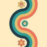 Groovy background with rainbow and daisy flowers. 70 s Hippie retro style. illustration vector