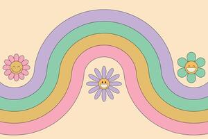 Groovy background with rainbow and smiling daisy flowers. 60s 70 s Hippie retro style. illustration vector