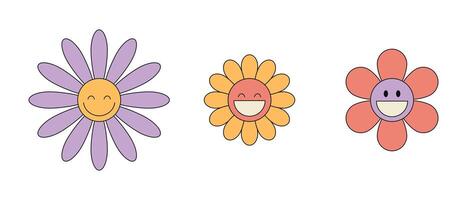 Smiling groovy daisy flower characters set. Hippie retro style. Flower icons. illustration vector