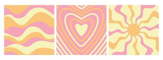 Groovy retro backgrounds. Sun with rays, heart and waves. Hippie 60s, 70s style. illustration vector