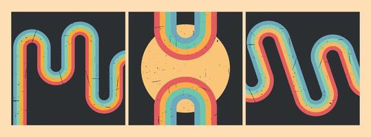 Retro vintage background set. Retro style stripes. Twisted rainbow on dark background. Grunge texture. illustration vector