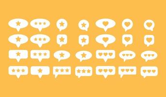 Set of customer review symbols. Feedback and communication, rating stars and like button hearts in different speech bubbles on yellow background. illustration vector