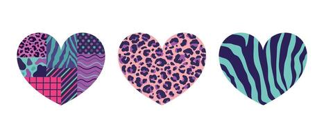 Set of heart icons with different patterns in retro colors. Heart with leopard print, zebra print and geometric patterns. illustration vector