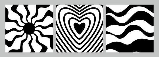 Set of groovy retro backgrounds with sun, heart and waves. Monochrome colors. illustration vector