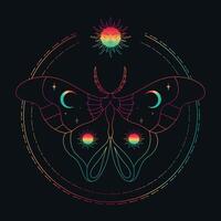 Rainbow colored celestial background with shiny butterfly outline. illustration vector