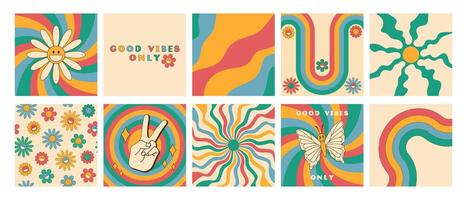 Set of groovy retro style cards in rainbow color. Good vibes only slogan, daisy flowers seamless pattern, butterfly, sunburst, twisted waves and peace sign vector