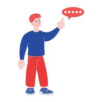 Young man is pointing five-star rating. Feedback and communication, rating stars. Online feedback reputation quality customer review. illustration vector