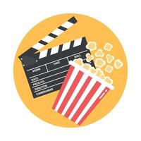 Cinema emblem with an open clapper board and popcorn bucket. Round yellow background. illustration in flat style vector