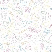 Childish doodle outline elements seamless pattern. Hand drawn animals, food, plants and objects in kids scribble style. illustration vector