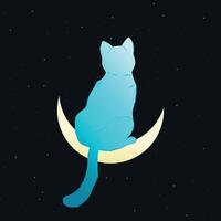 Celestial art with a cat sitting on a crescent on night sky background. Magic cat. illustration vector