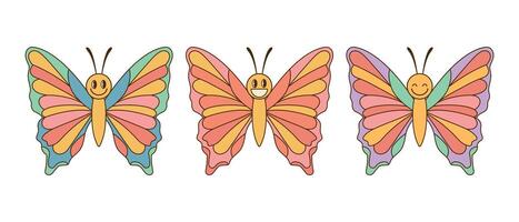 Smiling groovy butterfly characters set. Hippie retro style. Insect icons. illustration vector