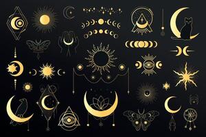 Big set of golden celestial magical and astrological symbols. Celestial space emblems. Space elements. illustration vector