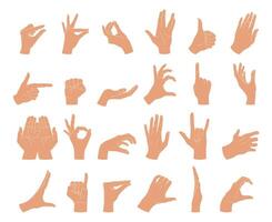 Collection of different hand gestures. Gesturing like okay sign, thumb up, pointing finger, making heart, holding hands. illustration vector