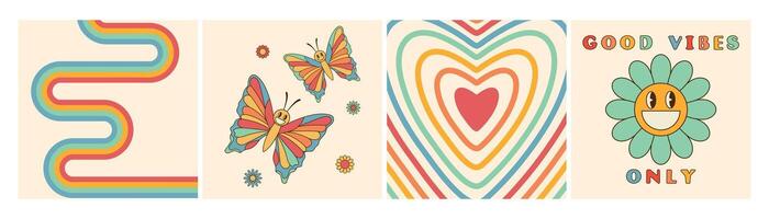 Set of groovy retro style cards in rainbow colors. Good vibes only slogan, smiling daisy flower, butterflies, twisted rainbow and heart vector