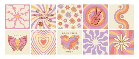 Set of groovy retro style cards with hippie symbols. Good vibes only slogan, daisy flowers seamless pattern, butterfly, sunburst, twisted waves and peace sign vector