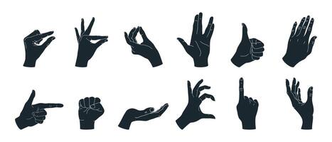 Hand gesture silhouettes set 2. Set of different hand gestures. Thumb up, pointing finger, fist, heart, cupped hand. illustration vector