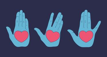 Set of human hands with a heart on open palm. Heart on hand. illustration vector