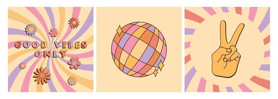 Groovy backgrounds set. Good vibes only slogan, disco ball, hand peace sign. 70 s Hippie retro style. illustration vector
