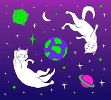 psychedelic white cats in zero gravity. Cool space trips vector