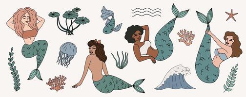 Set of mermaids and sea elements in retro style. Cartoon vintage characters vector