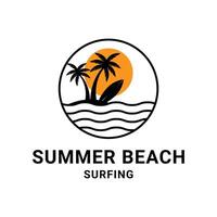 summer beach surf logo design concept idea palm tree and sun label circle vector