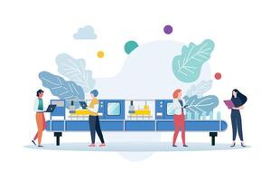 People with automation belt machine with mechanic gear background vector