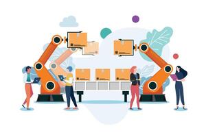 People with automation robot arm machine in smart factory industrial vector