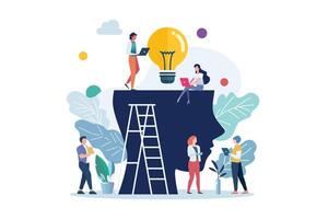 People characters with light bulb of thoughts in the human head vector