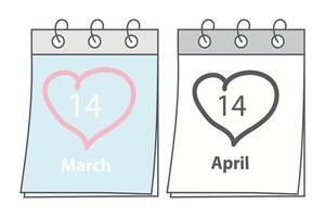 14 March and 14 April calendar date with heart shape stroke by hand. White and Black Day design idea. Set of 2. Isolate. EPS. for cards, posters or web, promo, advertisement or label, price tag vector
