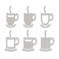 Mugs made of outline coffee beans with steam in minimalistic style. Logo, Icon design idea. Set of 6. Isolate EPS. Coffee Day greetings, cards, poster, banner or web, price tag, label concept vector