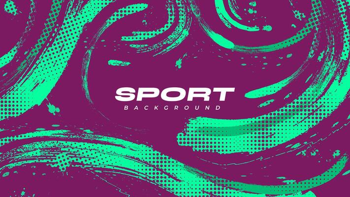 Abstract Sports Background with Green and Purple Brush Texture and Halftone Effect. Grunge Background for Banner or Poster Design