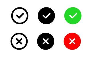 Check mark and cross mark icon set. Green checkmark and red cross symbols. Correct and wrong buttons. Vote pictogram. Yes and No illustration. Checkbox icon. vector