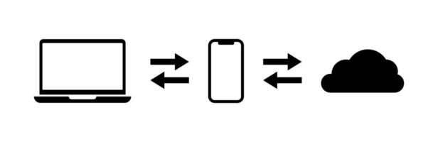 Device cloud sync illustration. Computer and phone cloud connection. Wireless network communication chain. Laptop and smartphone synchronization system icon. vector