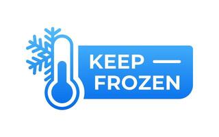 Frozen product label. Frozen food emblem. Keep in fridge stamp. Refrigerator only emblem. Thermometer temperature icon. Snowflake tag. vector