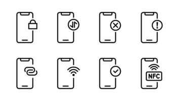 Mobile phone status icon set. Locked symbol. Wi-Fi connection. NFC contactless payment. Smartphone hotspot mode. Internet sharing pictogram. Phone notification illustration. vector